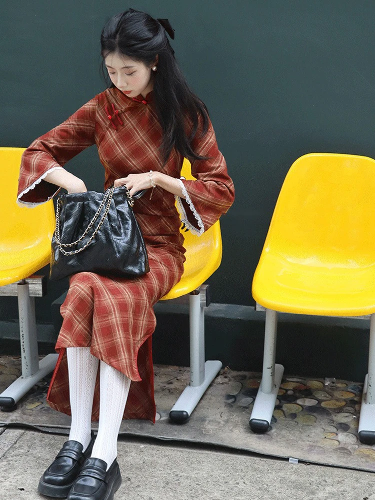 Women Autumn Cheongsam Red Plaid Style Large Sleeve Girls Slim Qipao Dresses
