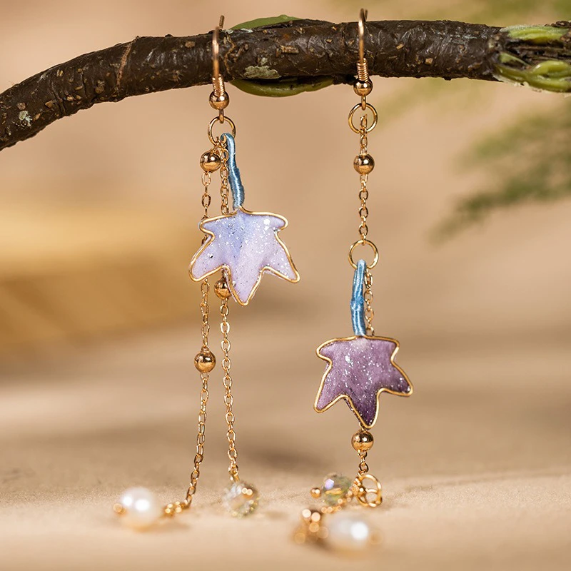 Women-Purple-Maple-Leaf-Earrings-Velvet-Flower-Hanfu-Accessories-Cheongsam-1 Women Purple Maple Leaf Earrings Velvet Flower Hanfu Accessories Cheongsam