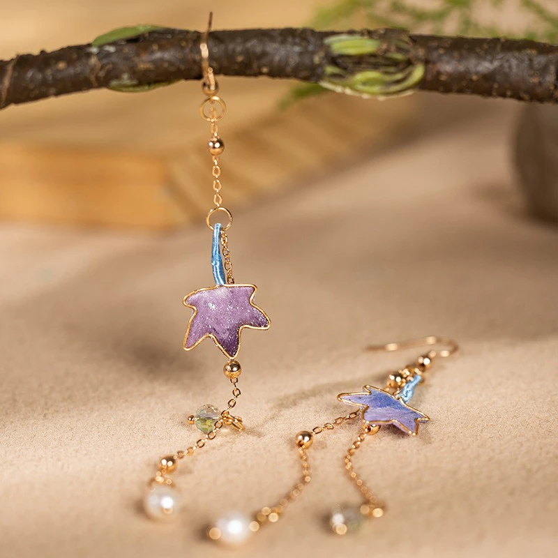 Women-Purple-Maple-Leaf-Earrings-Velvet-Flower-Hanfu-Accessories-Cheongsam-2 Women Purple Maple Leaf Earrings Velvet Flower Hanfu Accessories Cheongsam