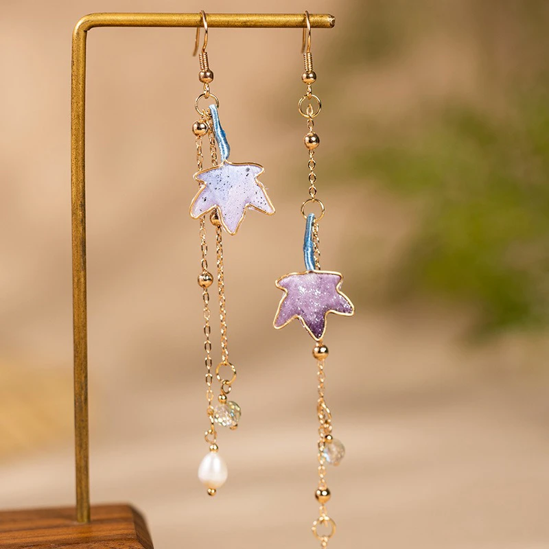 Women-Purple-Maple-Leaf-Earrings-Velvet-Flower-Hanfu-Accessories-Cheongsam-3 Women Purple Maple Leaf Earrings Velvet Flower Hanfu Accessories Cheongsam
