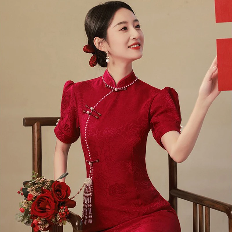 Chinese-Cheongsam-Wedding-Dress-Improved-Red-Gowns-1 Chinese Cheongsam Wedding Dress Improved Red Gowns
