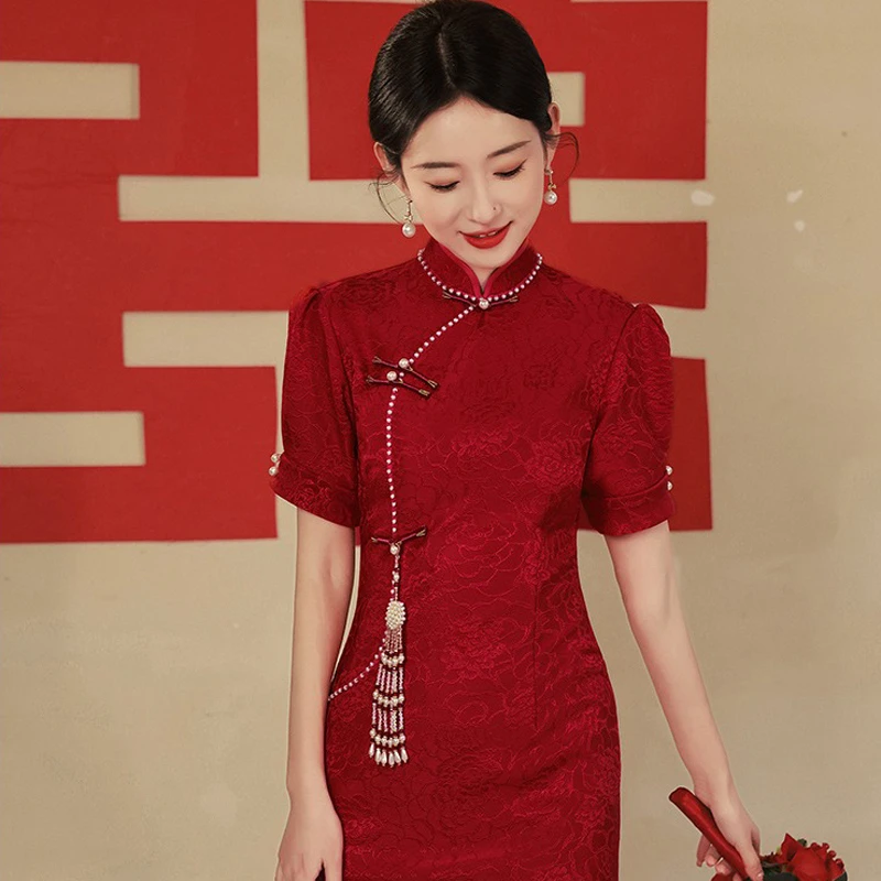 Chinese-Cheongsam-Wedding-Dress-Improved-Red-Gowns-2 Chinese Cheongsam Wedding Dress Improved Red Gowns