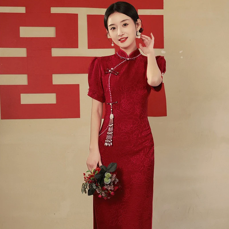 Chinese-Cheongsam-Wedding-Dress-Improved-Red-Gowns-4 Chinese Cheongsam Wedding Dress Improved Red Gowns