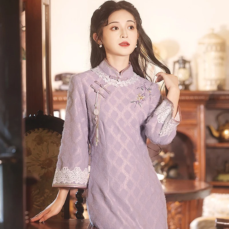 Classical-Cheongsam-Ladies-Winter-Long-Sleeve-Qipao-Purple-Style-1 Purple Grace