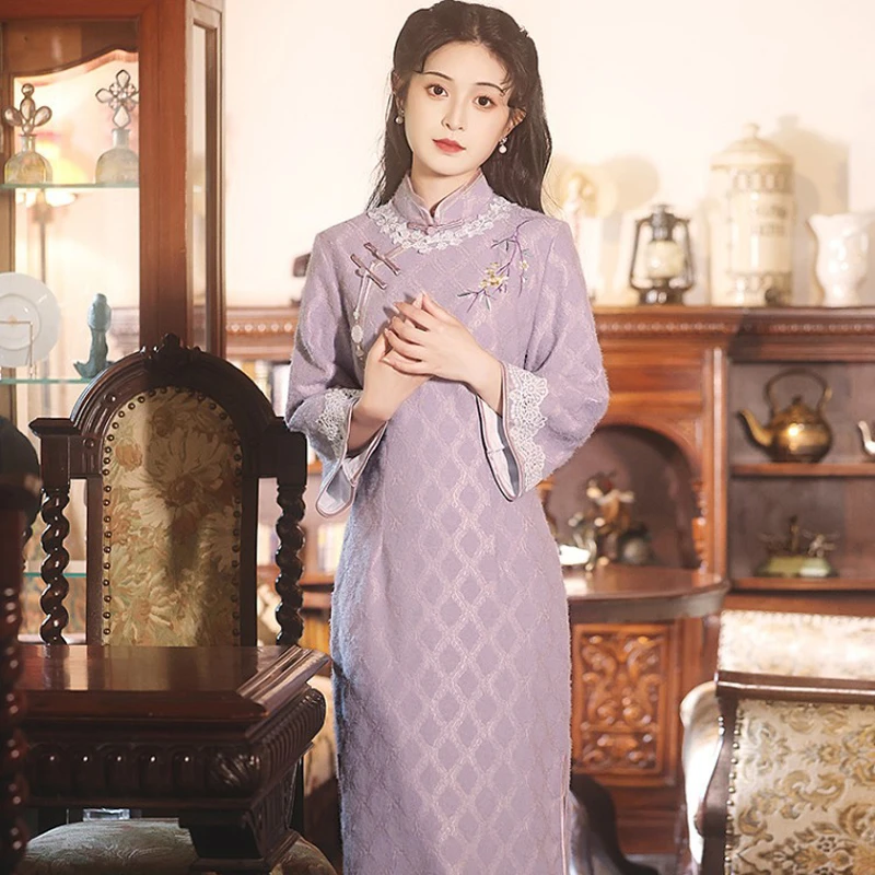 Classical-Cheongsam-Ladies-Winter-Long-Sleeve-Qipao-Purple-Style-2 Classical Cheongsam Ladies Winter Long Sleeve Qipao Purple Style