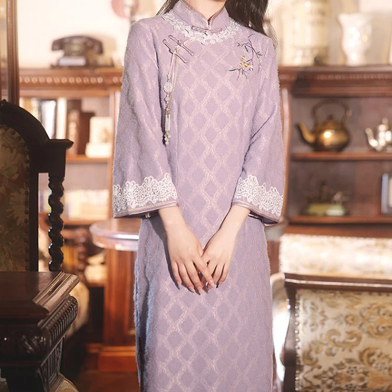 Classical-Cheongsam-Ladies-Winter-Long-Sleeve-Qipao-Purple-Style-3 Classical Cheongsam Ladies Winter Long Sleeve Qipao Purple Style