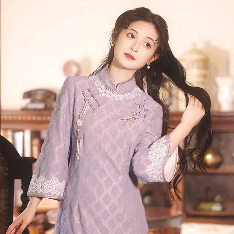 Classical-Cheongsam-Ladies-Winter-Long-Sleeve-Qipao-Purple-Style-4 Classical Cheongsam Ladies Winter Long Sleeve Qipao Purple Style