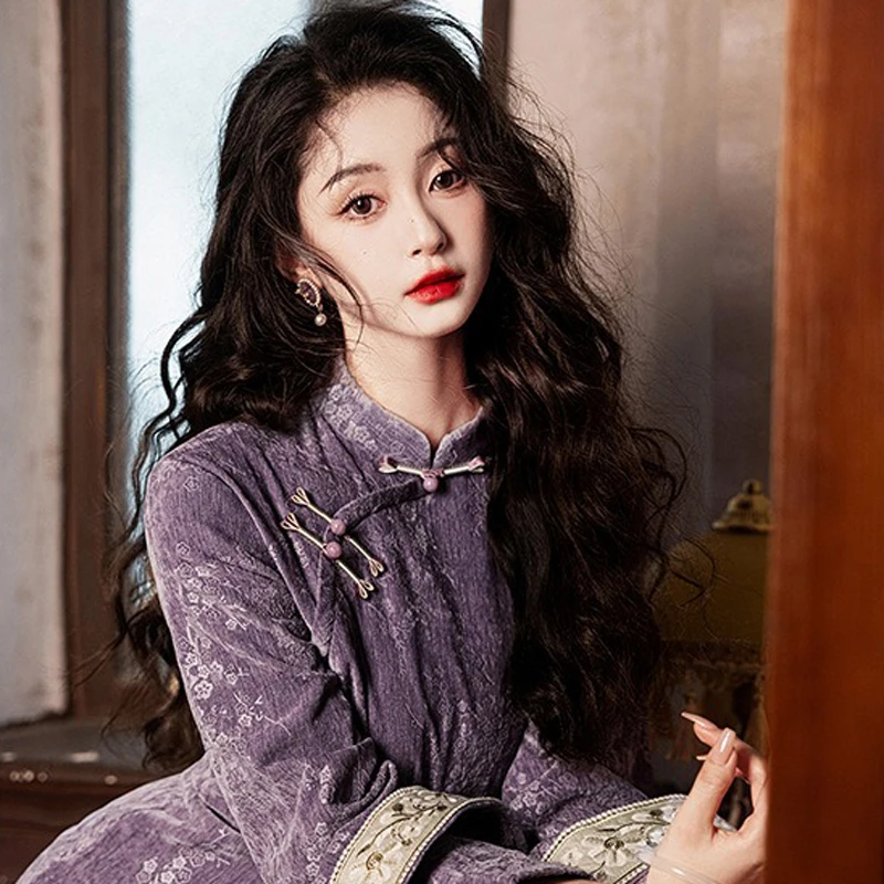 Purple-Winter-Cheongsam-Vintage-Classical-Girls-Qipao-2 Purple Winter Cheongsam Vintage Classical Girls Qipao