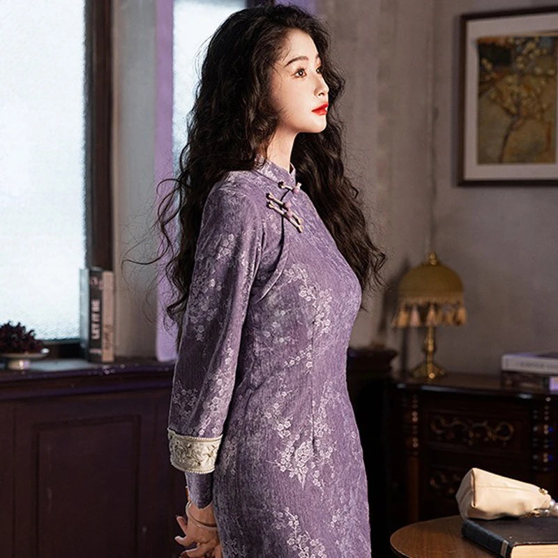 Purple-Winter-Cheongsam-Vintage-Classical-Girls-Qipao-4 Purple Winter Cheongsam Vintage Classical Girls Qipao