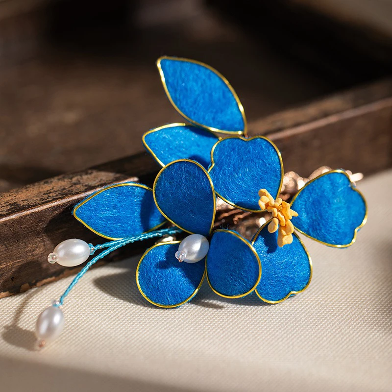 Blue-Classical-Cheongsam-Hair-Clip-Cinnamon-Flower-Velvet-Hair-Accessories-2 Blue Classical Cheongsam Hair Clip Cinnamon Flower Velvet Hair Accessories