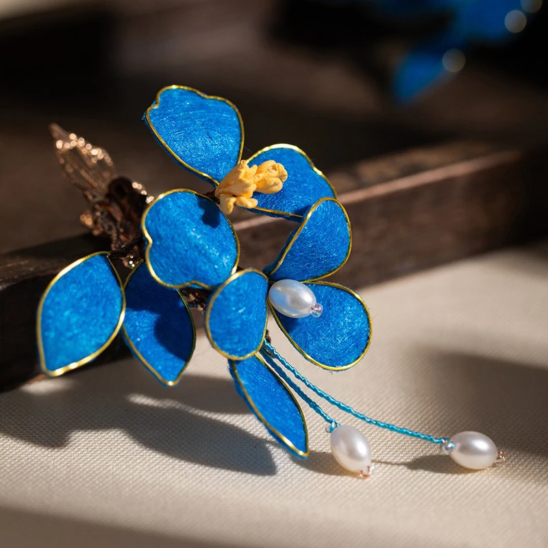 Blue-Classical-Cheongsam-Hair-Clip-Cinnamon-Flower-Velvet-Hair-Accessories-4 Blue Classical Cheongsam Hair Clip Cinnamon Flower Velvet Hair Accessories
