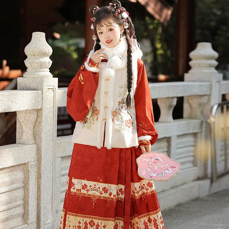 Women's-New-Year-Hanfu-Ming-Dynasty-Red-Colour-Ma-Mian-Skirt-4 Women's New Year Hanfu Ming Dynasty Red Colour Ma Mian Skirt