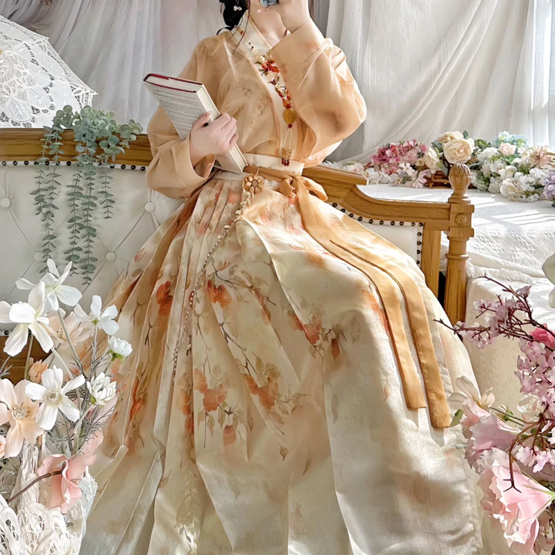 Ming-Dynasty-Hanfu-Spring-Thin-Women's-Plane-Sleeve-Dresses-1 Golden Tangerine