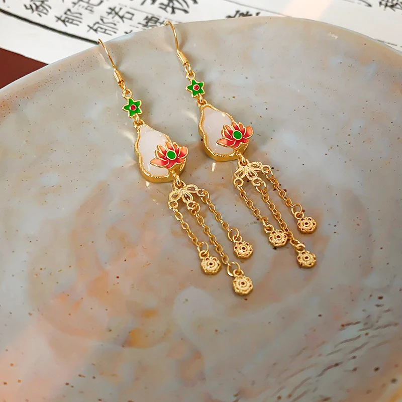 Women-Quality-Lotus-Tassel-Ear-Hooks-Retro-Unique-Earrings-2 Women Quality Lotus Tassel Ear Hooks Retro Unique Earrings
