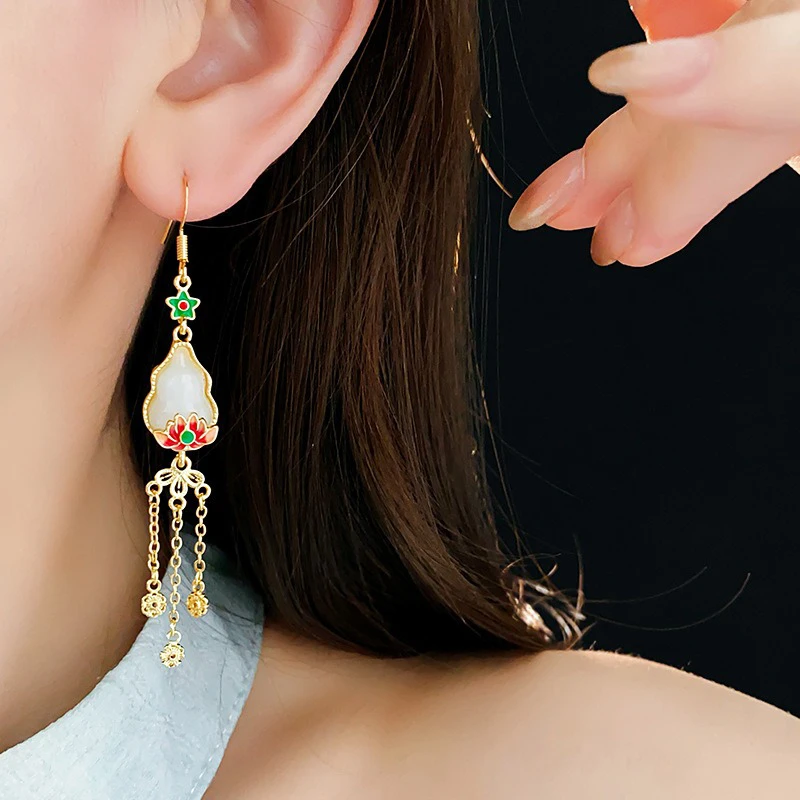 Women-Quality-Lotus-Tassel-Ear-Hooks-Retro-Unique-Earrings-4 Women Quality Lotus Tassel Ear Hooks Retro Unique Earrings