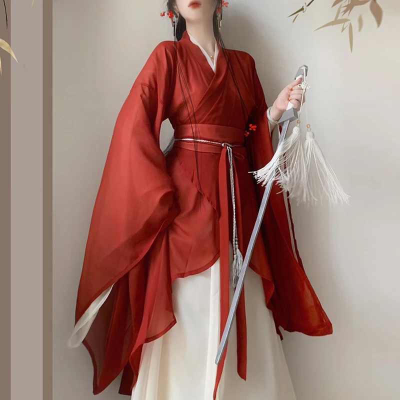 Wuxia-Hanfu-Wei-Jin-Style-Red-Dance-Skirt-4 Wuxia Hanfu Wei Jin Style Red Dance Skirt