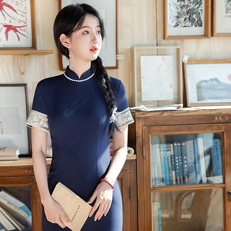 Chinese-Young-Girls-Cheongsam-Blue-Slim-Dress-Vintage-Style-1 Elegant Pearl