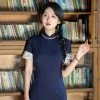 Chinese-Young-Girls-Cheongsam-Blue-Slim-Dress-Vintage-Style-3 Chinese Young Girls Cheongsam Blue Slim Dress Vintage Style