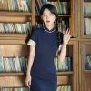 Chinese-Young-Girls-Cheongsam-Blue-Slim-Dress-Vintage-Style-4 Chinese Young Girls Cheongsam Blue Slim Dress Vintage Style