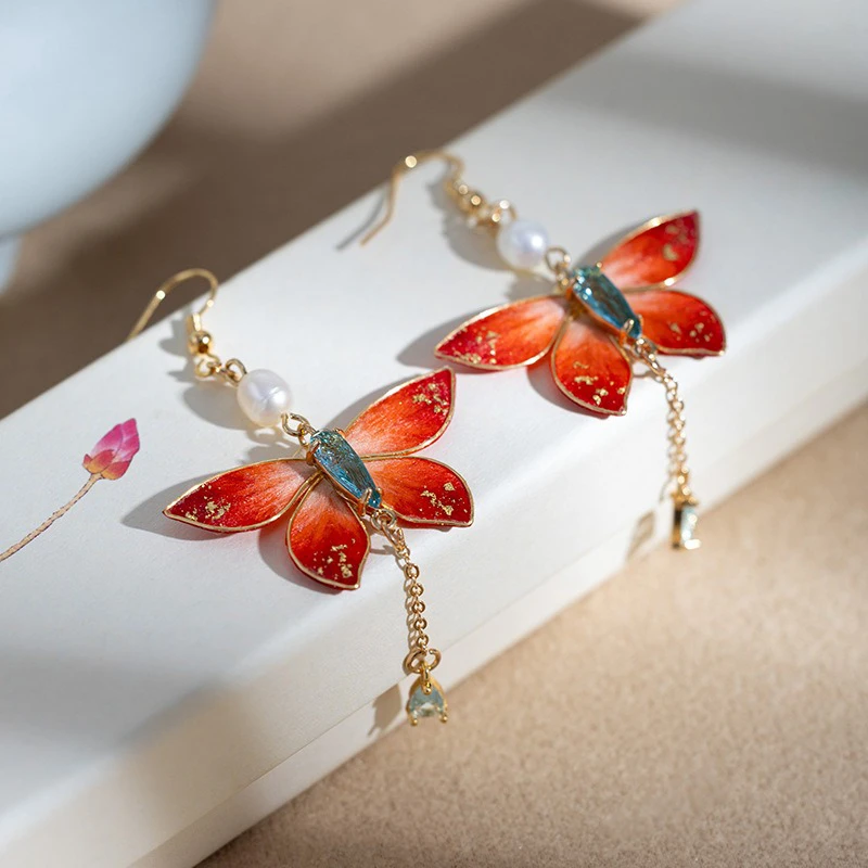 Lady-Butterfly-Earrings-Velvet-Flower-Tassel-Cheongsam-Drop-Earrings-2 Lady Butterfly Earrings Velvet Flower Tassel Cheongsam Drop Earrings
