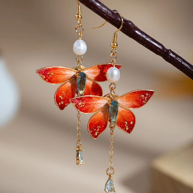 Lady-Butterfly-Earrings-Velvet-Flower-Tassel-Cheongsam-Drop-Earrings-3 Lady Butterfly Earrings Velvet Flower Tassel Cheongsam Drop Earrings