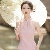 Pink-Women-Cheongsam-New-High-end-Sleeveless-Daily-Skirt-1 Pink Women Cheongsam New High-end Sleeveless Daily Skirt