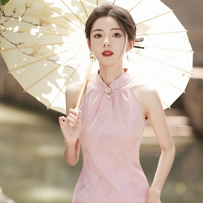 Pink-Women-Cheongsam-New-High-end-Sleeveless-Daily-Skirt-1 Pink Women Cheongsam New High-end Sleeveless Daily Skirt