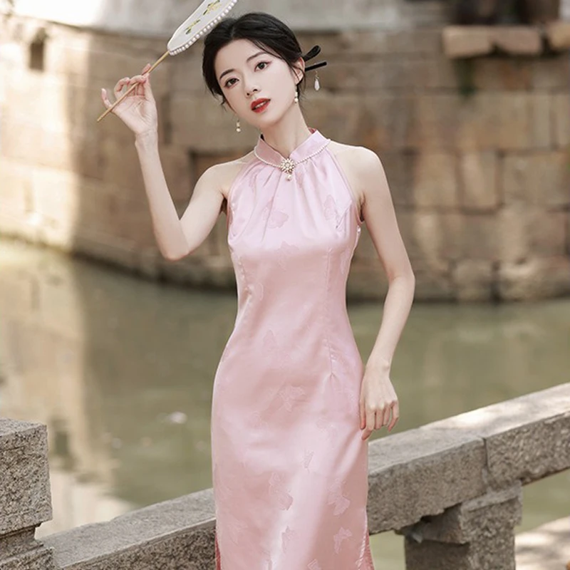 Pink-Women-Cheongsam-New-High-end-Sleeveless-Daily-Skirt-2 Pink Women Cheongsam New High-end Sleeveless Daily Skirt