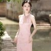 Pink-Women-Cheongsam-New-High-end-Sleeveless-Daily-Skirt-4 Pink Women Cheongsam New High-end Sleeveless Daily Skirt