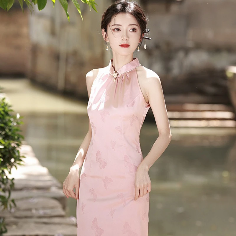Pink-Women-Cheongsam-New-High-end-Sleeveless-Daily-Skirt-4 Pink Women Cheongsam New High-end Sleeveless Daily Skirt