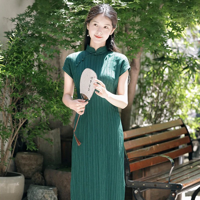 Summer-Short-sleeved-Cheongsam-Long-Vintage-Women's-Dresses-1 Summer Short-sleeved Cheongsam Long Vintage Women's Dresses