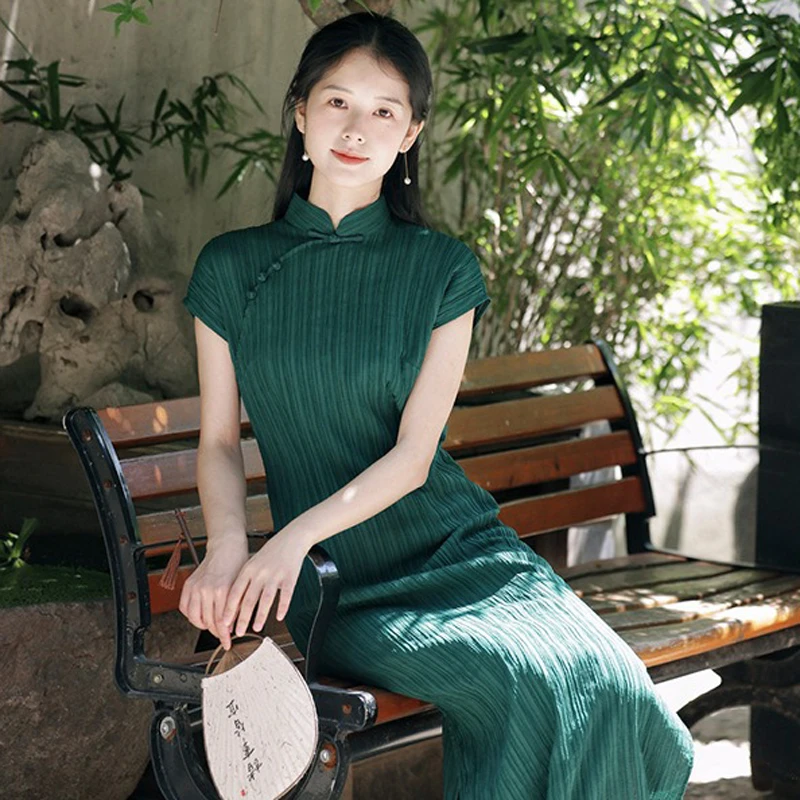 Summer-Short-sleeved-Cheongsam-Long-Vintage-Women's-Dresses-2 Summer Short-sleeved Cheongsam Long Vintage Women's Dresses