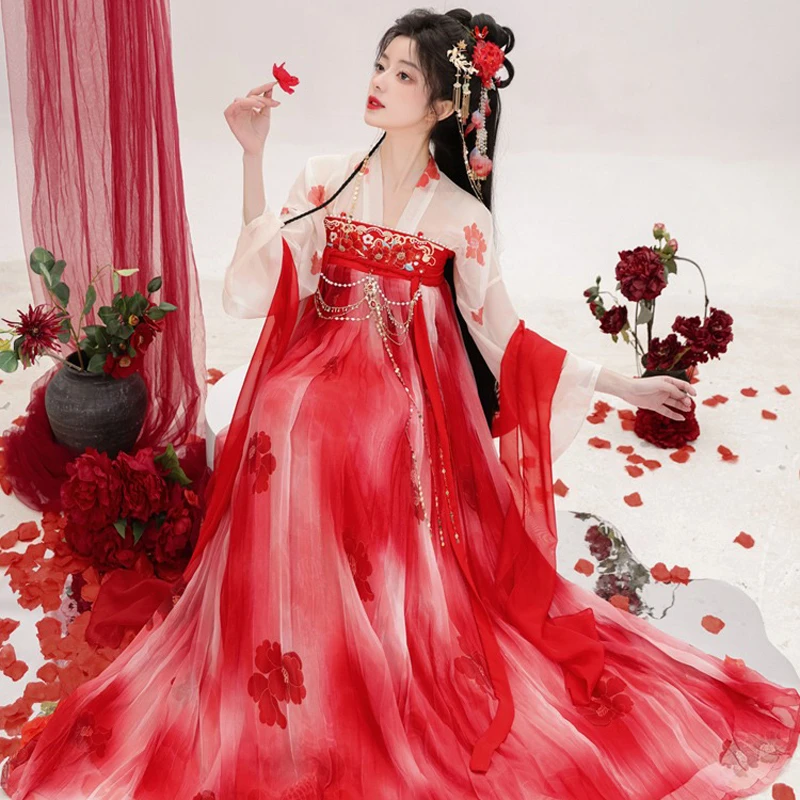 Tang-Dynasty-Qixiong-Shanqun-Women-Summer-Red-Skirt-1 Tang Dynasty Qixiong Shanqun Women Summer Red Skirt