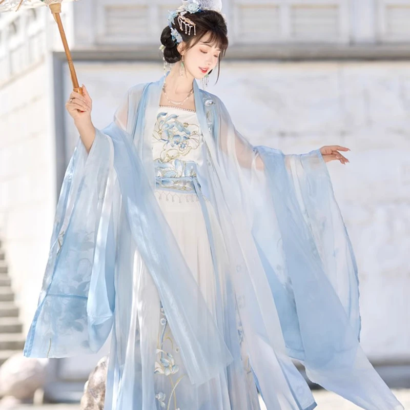 Women-Spring-Fairy-Qiyao-Ruqun-Embroidered-Large-Sleeve-Shirt-Set-4 Women Spring Fairy Qiyao Ruqun Embroidered Large Sleeve Shirt Set