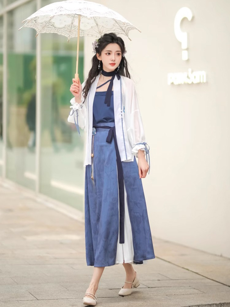 Summer Women Chinese Fashion Hanfu Blue Dress