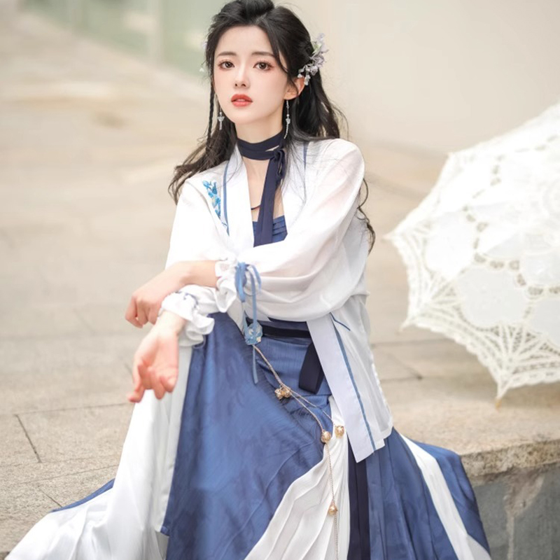 Summer-Women-Chinese-Fashion-Hanfu-Blue-Dress-2 Summer Women Chinese Fashion Hanfu Blue Dress