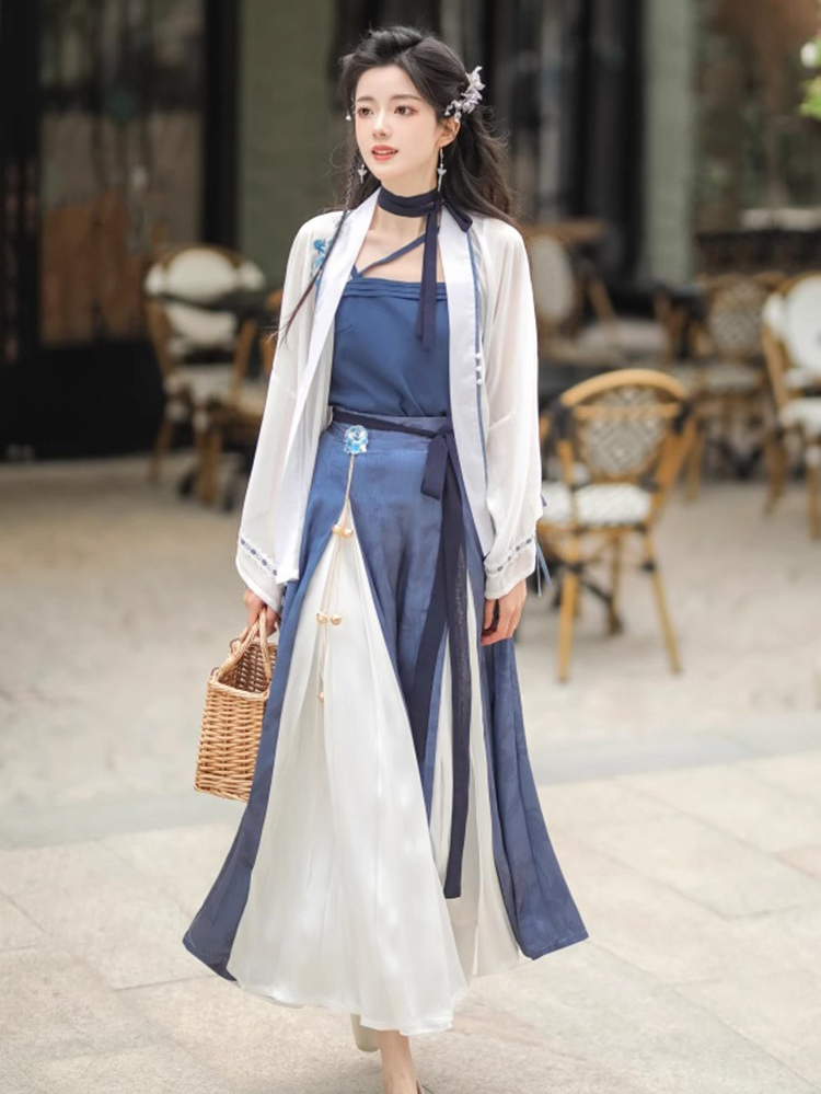 Summer Women Chinese Fashion Hanfu Blue Dress