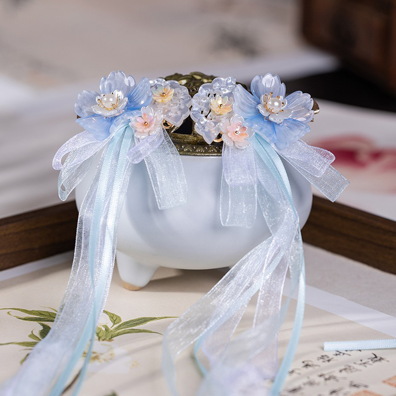 Children-Hanfu-Headdress-Blue-Ribbon-Fairy-Long-Tassel-3 Children Hanfu Headdress Blue Ribbon Fairy Long Tassel