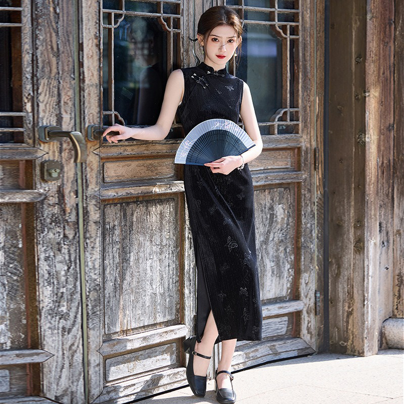 Summer-Black-Cheongsam-Chinese-Ladies-Slim-Sleeveless-Dresses-1 Summer Black Cheongsam Chinese Ladies Slim Sleeveless Dresses