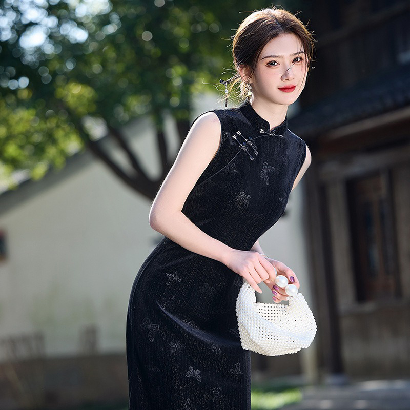 Summer-Black-Cheongsam-Chinese-Ladies-Slim-Sleeveless-Dresses-2 Summer Black Cheongsam Chinese Ladies Slim Sleeveless Dresses