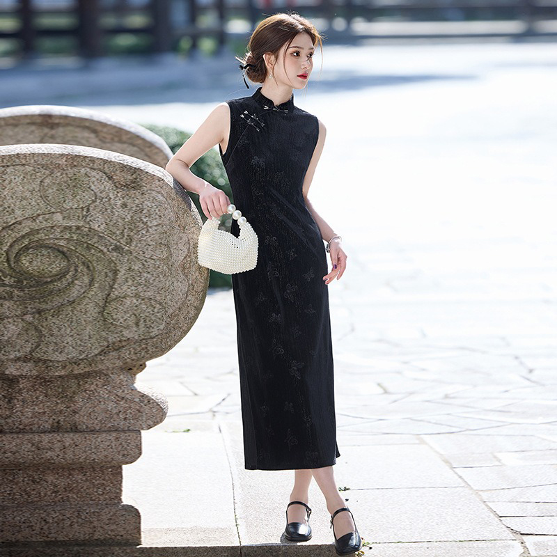 Summer-Black-Cheongsam-Chinese-Ladies-Slim-Sleeveless-Dresses-4 Summer Black Cheongsam Chinese Ladies Slim Sleeveless Dresses