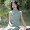 Summer-Green-Ladies-Cheongsam-Sleeveless-Elegant-Vintage-Dresses-2 Summer Green Ladies Cheongsam Sleeveless Elegant Vintage Dresses