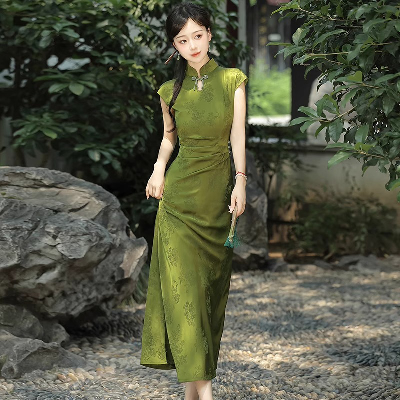 Summer-Women-Daily-Green-Jacquard-Slim-Cheongsam-Dresses-1 Summer Women Daily Green Jacquard Slim Cheongsam Dresses