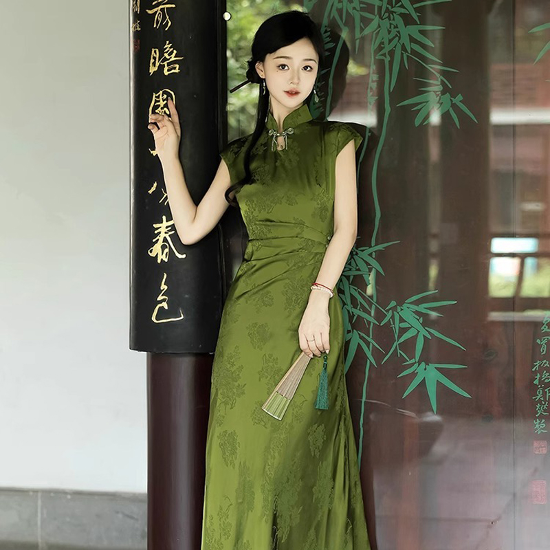 Summer-Women-Daily-Green-Jacquard-Slim-Cheongsam-Dresses-2 Summer Women Daily Green Jacquard Slim Cheongsam Dresses