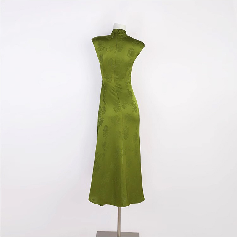 Summer Women Daily Green Jacquard Slim Cheongsam Dresses