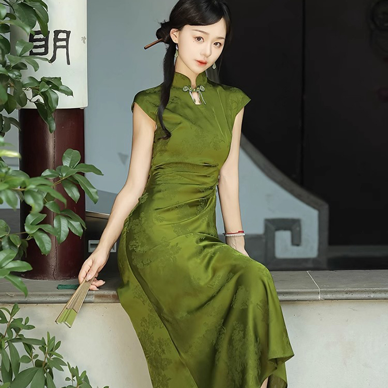 Summer-Women-Daily-Green-Jacquard-Slim-Cheongsam-Dresses-3 Summer Women Daily Green Jacquard Slim Cheongsam Dresses
