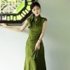 Summer-Women-Daily-Green-Jacquard-Slim-Cheongsam-Dresses-4 Summer Women Daily Green Jacquard Slim Cheongsam Dresses