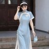 Women-Blue-Cheongsam-Suit-New-Daily-Wear-Slim-Dresses-2 Women Blue Cheongsam Suit New Daily Wear Slim Dresses
