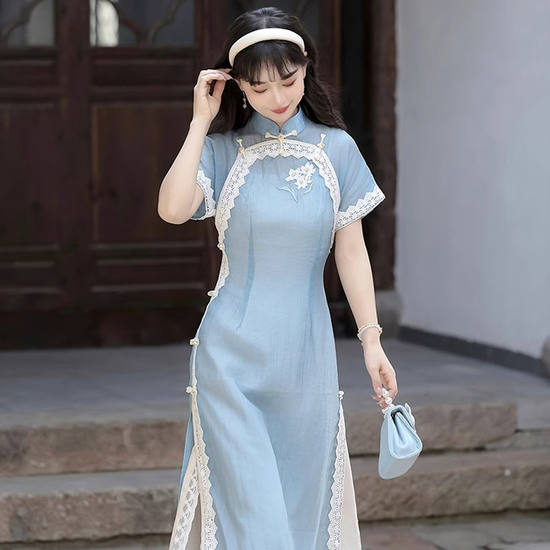 Women-Blue-Cheongsam-Suit-New-Daily-Wear-Slim-Dresses-2 Women Blue Cheongsam Suit New Daily Wear Slim Dresses