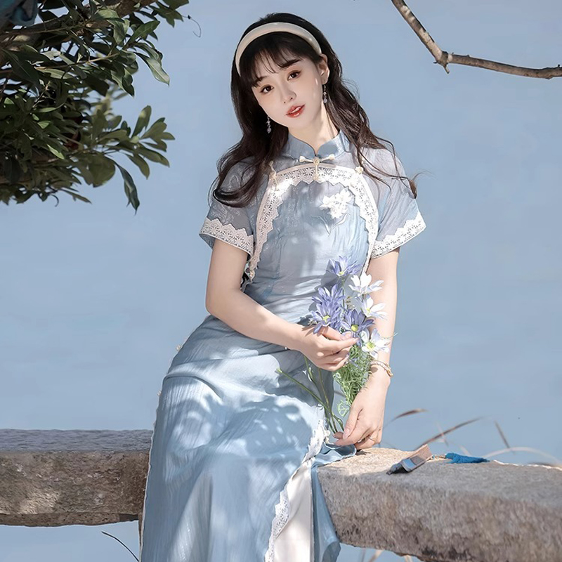 Women-Blue-Cheongsam-Suit-New-Daily-Wear-Slim-Dresses-3 Women Blue Cheongsam Suit New Daily Wear Slim Dresses